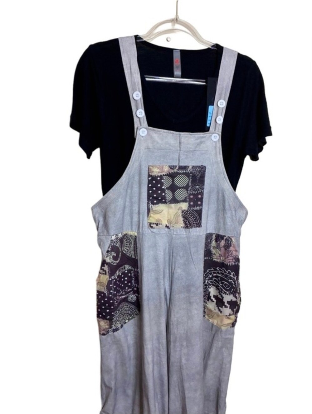 New Floral Mandala Patchwork Grey Adjustable Drawstring Hem Overall/Jumpsuit S/M - Picture 4 of 10